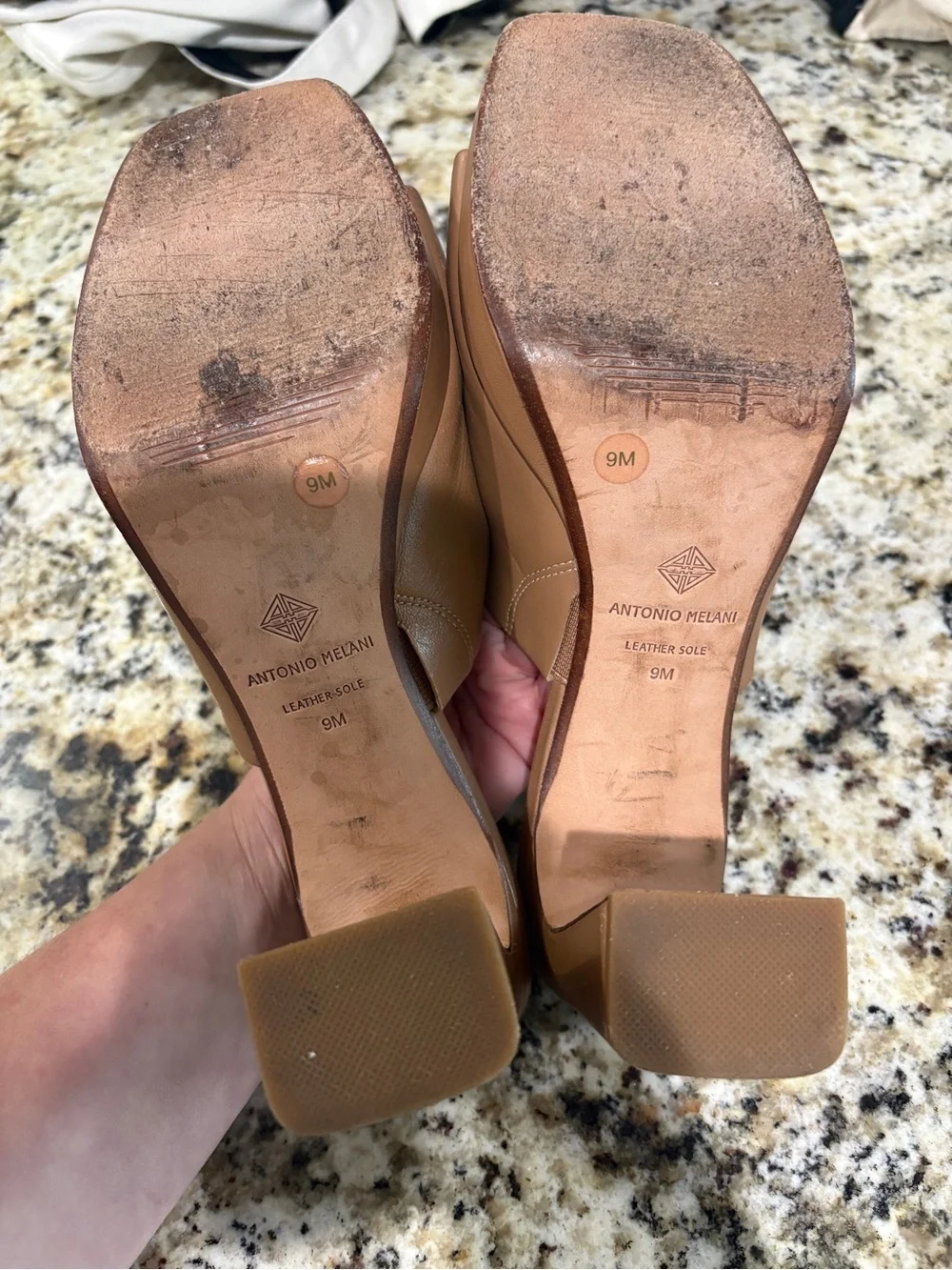 ANTONIO MELANI Tan Open-Toe Slide Wedge Mules